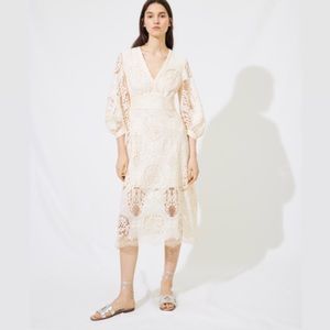 MAJE Romy Guipure Lace Crochet Midi Dress Cream Nude Neutral Bohemian Bridal